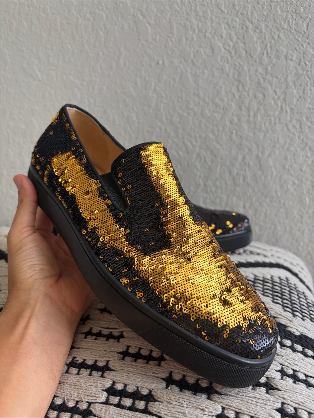 Christian Louboutin Black and Gold Sequin Slip-On Shoes - Picture 5 of 9